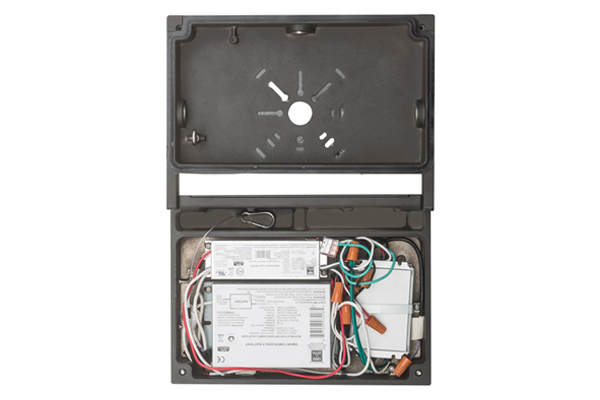 WPX LED wall pack lights' self-contained emergency battery backup.