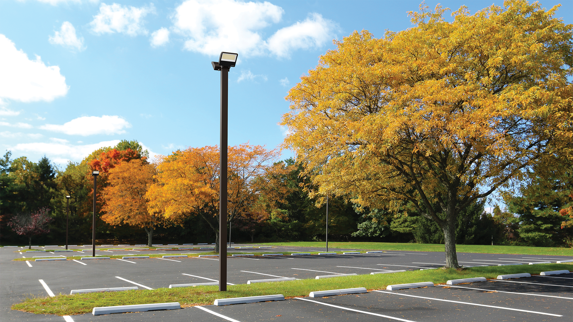 Empty parking lot with Lithonia stainless steel pole lights